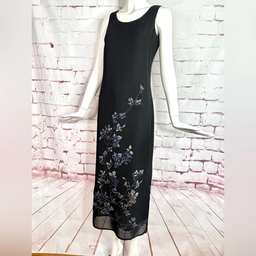 DONNA RICCO New York 2 PETITE Floral design on Black lined sheath maxi dress 2P - Picture 10 of 12